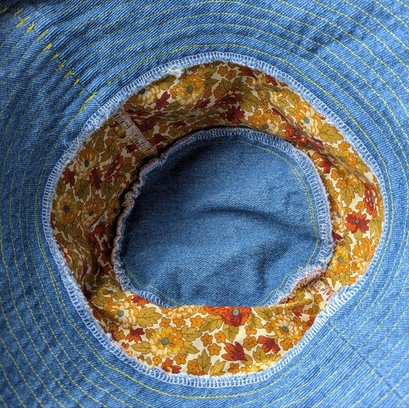 Handmade Patchwork Tapestry Denim Bucket Hat Unisex Blue Orange Pink Yellow - Picture 6 of 7